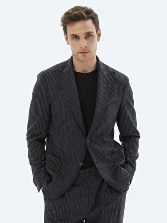 Antrasit Çizgili Modern Fit Yün Karışımlı Takım Elbise