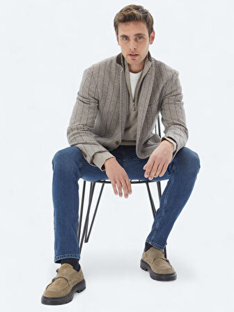 Kahverengi Çizgili Modern Fit Pamuk Karışımlı Örme Ceket