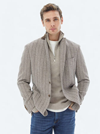 Kahverengi Çizgili Modern Fit Pamuk Karışımlı Örme Ceket