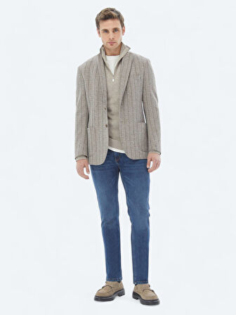 Kahverengi Çizgili Modern Fit Pamuk Karışımlı Örme Ceket