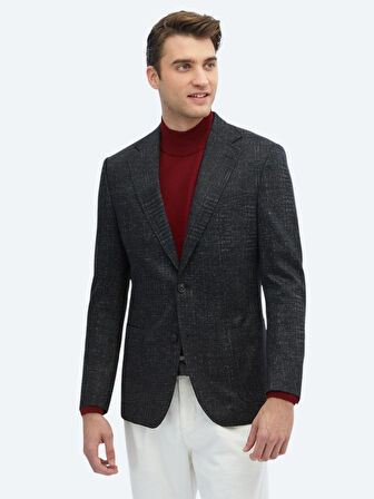 Siyah Desenli Comfort Fit Yün Karışımlı Örme Ceket