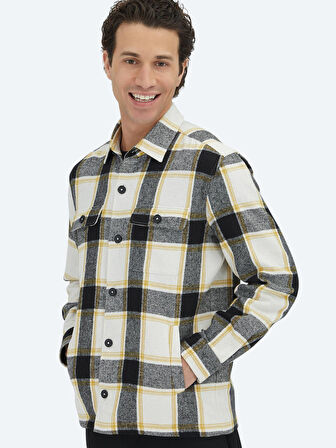 Bej Kareli Regular Fit Dokuma Yün Karışımlı Overshırt