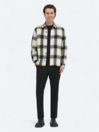 Bej Kareli Regular Fit Dokuma Yün Karışımlı Overshırt