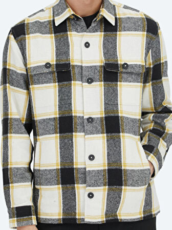 Bej Kareli Regular Fit Dokuma Yün Karışımlı Overshırt