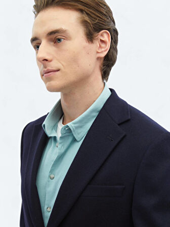 Lacivert Düz Modern Fit Yün Karışımlı Ceket