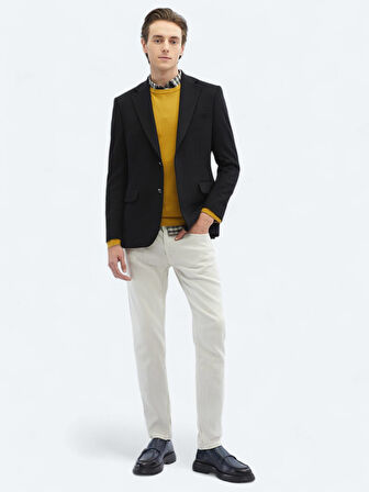 Siyah Düz Modern Fit Yün Karışımlı Ceket