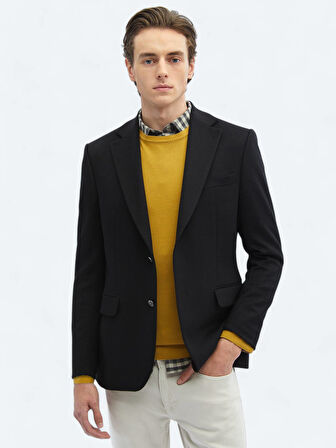 Siyah Düz Modern Fit Yün Karışımlı Ceket