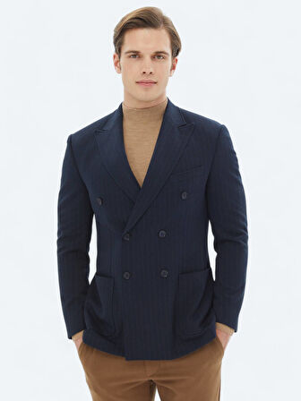 Lacivert Çizgili Modern Fit Örme Ceket