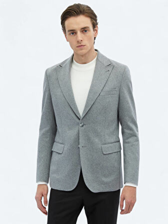 Gri Düz Modern Fit Yün Karışımlı Ceket
