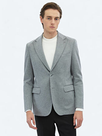Gri Düz Modern Fit Yün Karışımlı Ceket
