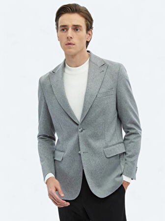 Gri Düz Modern Fit Yün Karışımlı Ceket