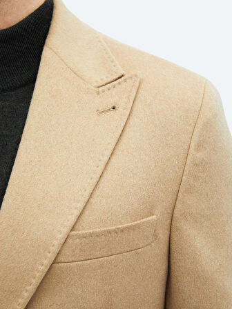 Bej Düz Modern Fit Yün Karışımlı Ceket