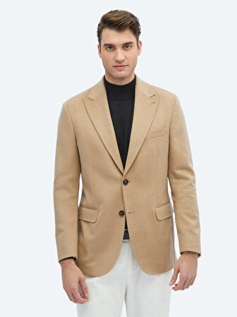 Bej Düz Modern Fit Yün Karışımlı Ceket