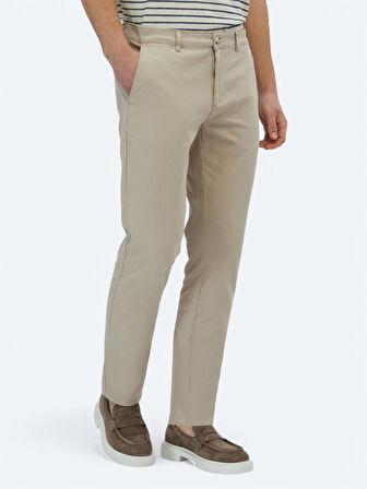 Bej Düz Dokuma Regular Fit Casual Pamuk Karışımlı Pantolon