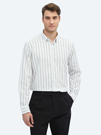 Kahverengi Çizgili Regular Fit Dokuma Casual %100 Pamuk Gömlek