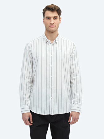 Kahverengi Çizgili Regular Fit Dokuma Casual %100 Pamuk Gömlek