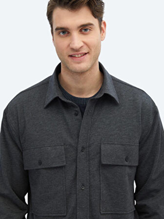 Antrasit Düz Oversize Fit Casual Pamuk Karışımlı Gömlek