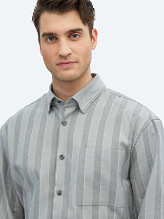 Gri Çizgili Oversize Fit Dokuma Casual Pamuk Karışımlı Gömlek