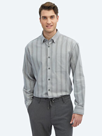 Gri Çizgili Oversize Fit Dokuma Casual Pamuk Karışımlı Gömlek