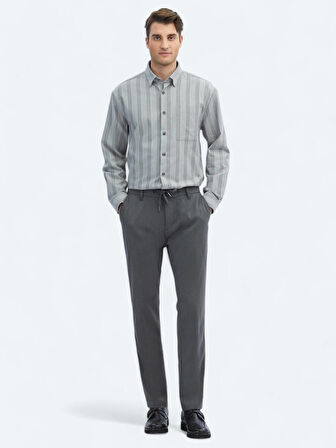 Gri Çizgili Oversize Fit Dokuma Casual Pamuk Karışımlı Gömlek