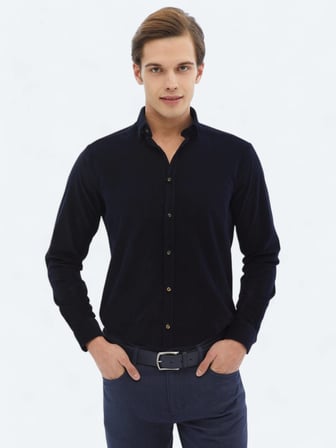 Lacivert Fitilli Regular Fit Dokuma Kadife Casual %100 Pamuk Gömlek