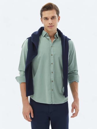 Mint Fitilli Regular Fit Dokuma Kadife Casual %100 Pamuk Gömlek