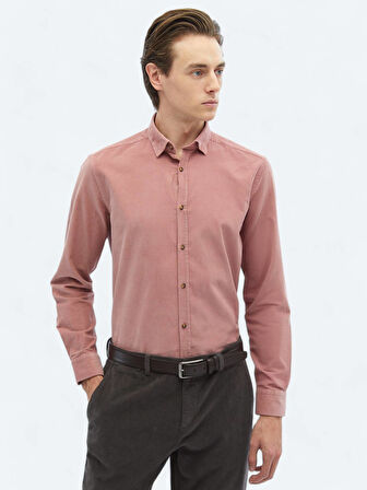 Pembe Fitilli Regular Fit Dokuma Kadife Casual %100 Pamuk Gömlek