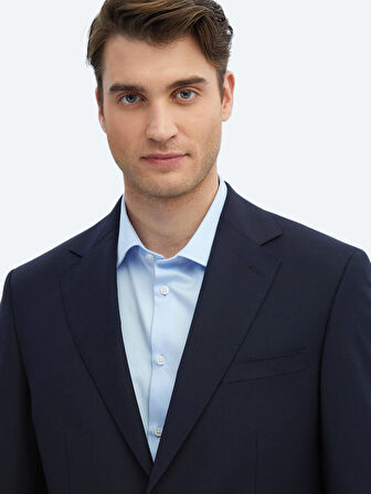 Lacivert Düz Modern Fit Yün Karışımlı Takım Elbise