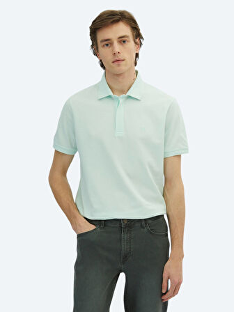 Su Yeşili Düz Polo Yaka %100 Pamuk T-Shirt