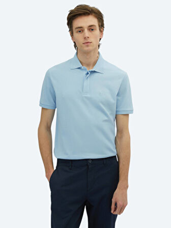 Mavi Düz Polo Yaka %100 Pamuk T-Shirt