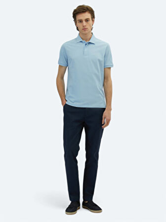 Mavi Düz Polo Yaka %100 Pamuk T-Shirt