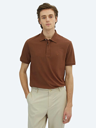 Kahverengi Düz Polo Yaka %100 Pamuk T-Shirt