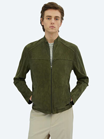 Haki Regular Fit Dik Yaka Smart Casual Deri Mont