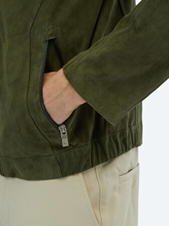 Haki Regular Fit Dik Yaka Smart Casual Deri Mont