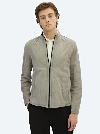 Gri Regular Fit Dik Yaka Smart Casual Çift Taraflı Deri Mont