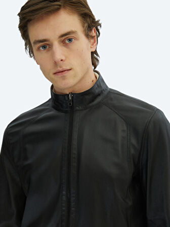 Gri Regular Fit Dik Yaka Smart Casual Çift Taraflı Deri Mont