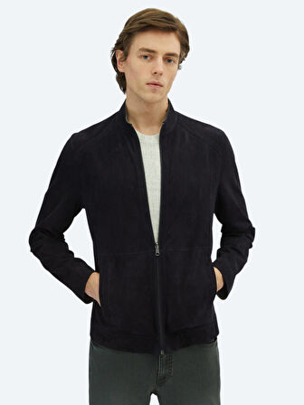 Lacivert Regular Fit Dik Yaka Smart Casual Deri Çift Taraflı Deri Mont