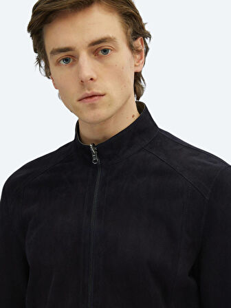 Lacivert Regular Fit Dik Yaka Smart Casual Deri Çift Taraflı Deri Mont