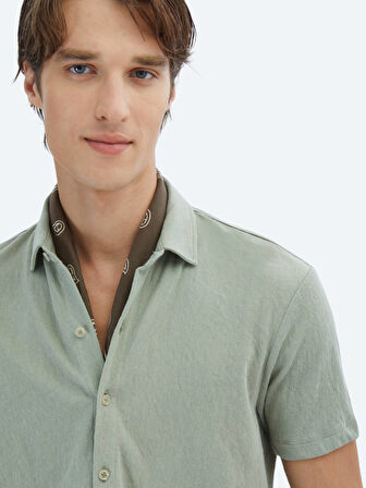 Açık Haki Düz Regular Fit Casual Pamuk Karışımlı Gömlek