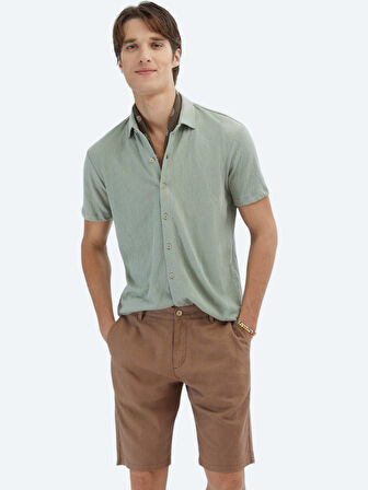 Açık Haki Düz Regular Fit Casual Pamuk Karışımlı Gömlek