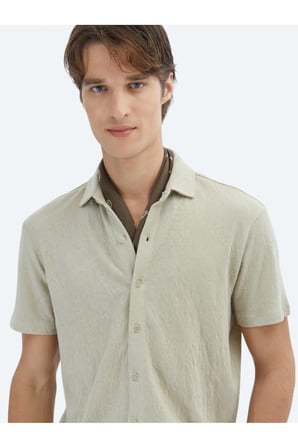 Bej Düz Regular Fit Casual Pamuk Karışımlı Gömlek