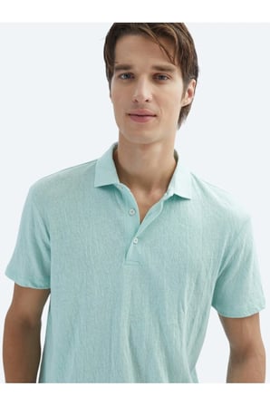 Su Yeşili Düz Polo Yaka Pamuk Karışımlı T-Shirt