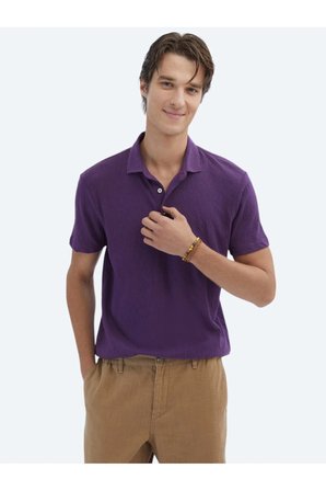 Mor Düz Polo Yaka Pamuk Karışımlı T-Shirt
