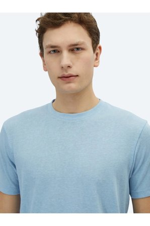 Mavi Düz Bisiklet Yaka Pamuk Karışımlı T-Shirt