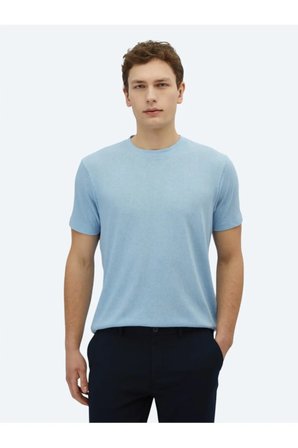 Mavi Düz Bisiklet Yaka Pamuk Karışımlı T-Shirt