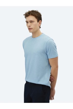 Mavi Düz Bisiklet Yaka Pamuk Karışımlı T-Shirt
