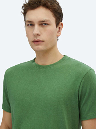 Fıstık Yeşili Düz Bisiklet Yaka Pamuk Karışımlı T-Shirt
