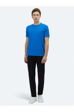 Saks Düz Bisiklet Yaka Pamuk Karışımlı T-Shirt