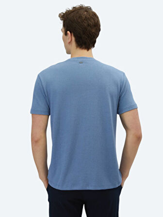 Havacı Mavi Düz Bisiklet Yaka Pamuk Karışımlı T-Shirt