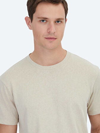 Bej Düz Bisiklet Yaka Pamuk Karışımlı T-Shirt